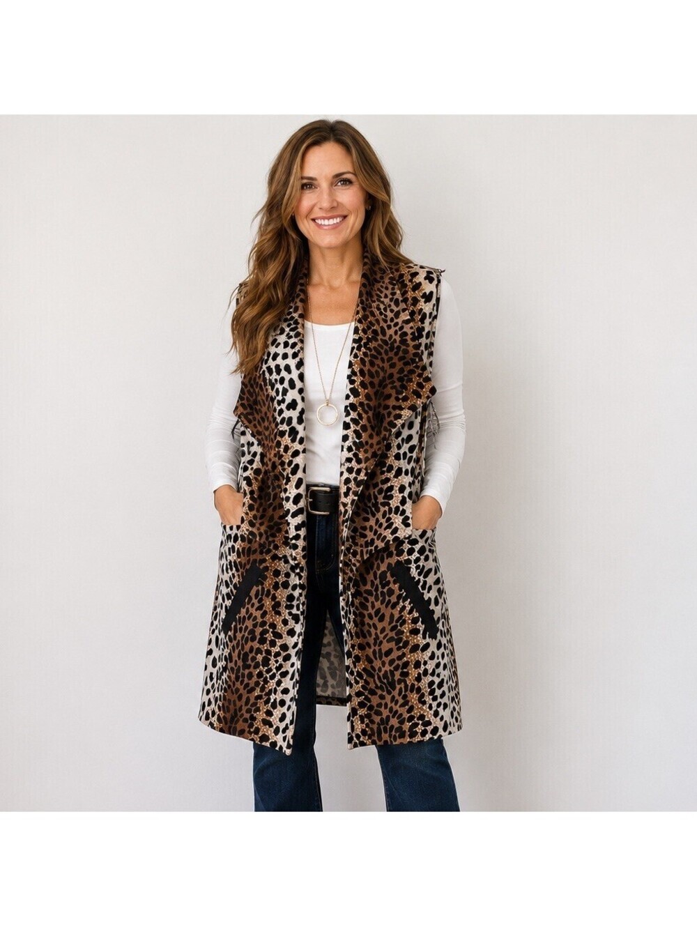 FAVORI Leopard Print Vegan Fur Longline Vest EU 42 XL Open Front  Designer Mob